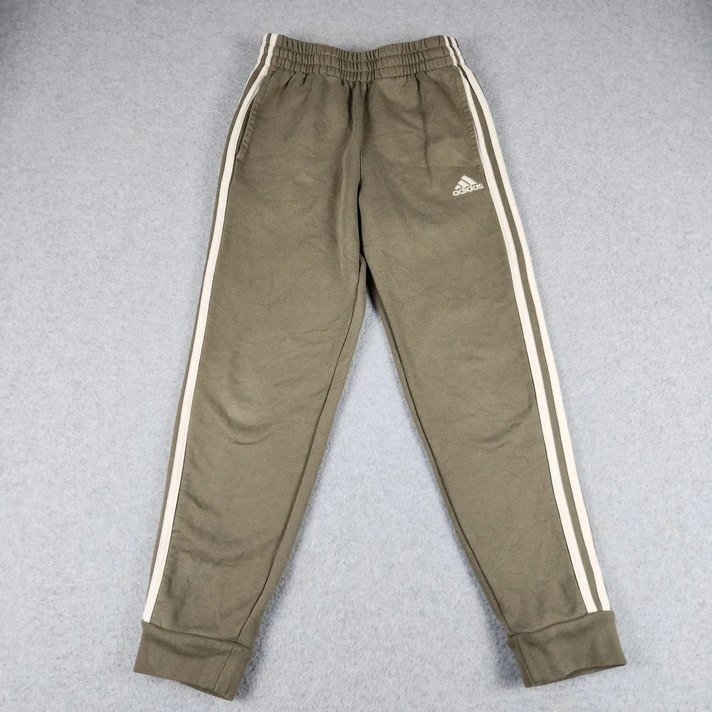 Adidas Joggers Pants Kids M 10/12 Olive Green 3-Stripe Fleece Lined Regular Fit
